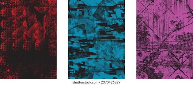 Glitch distorted grungy isolated layers . Design element for brochure, social media, posters, flyers. Overlay texture.Textured banner with Distress effect .Vector halftone dots . Screen print texture