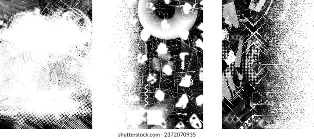 Glitch distorted grungy isolated layers . Design element for brochure, social media, posters, flyers. Overlay texture.Textured banner with Distress effect .Vector halftone dots . Screen print texture