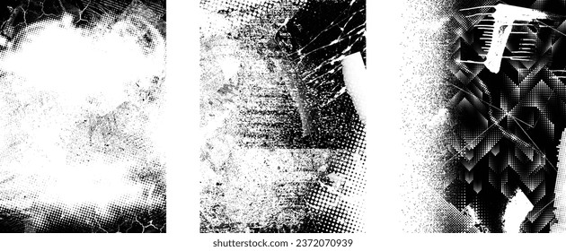 Glitch distorted grungy isolated layers . Design element for brochure, social media, posters, flyers. Overlay texture.Textured banner with Distress effect .Vector halftone dots . Screen print texture