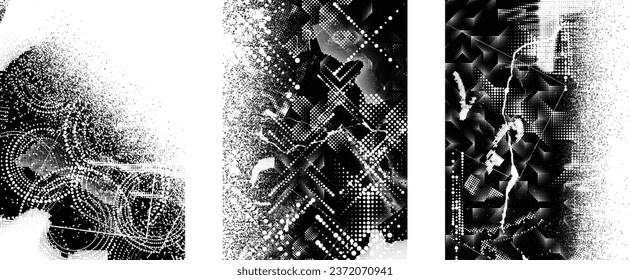 Glitch distorted grungy isolated layers . Design element for brochure, social media, posters, flyers. Overlay texture.Textured banner with Distress effect .Vector halftone dots . Screen print texture