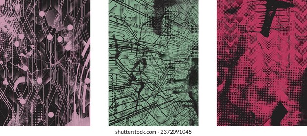 Glitch distorted grungy isolated layers . Design element for brochure, social media, posters, flyers. Overlay texture.Textured banner with Distress effect .Vector halftone dots . Screen print texture