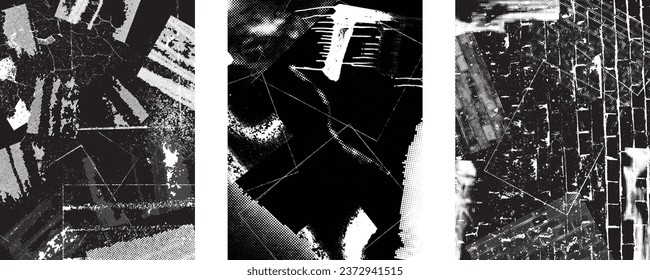 Glitch distorted grungy isolated layers . Design element for brochure, social media, posters, flyers. Overlay texture.Textured banner with Distress effect .Vector halftone dots . Screen print texture