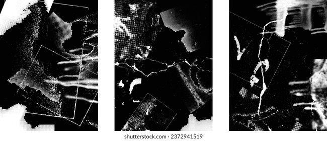 Glitch distorted grungy isolated layers . Design element for brochure, social media, posters, flyers. Overlay texture.Textured banner with Distress effect .Vector halftone dots . Screen print texture