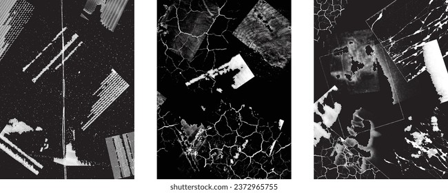 Glitch distorted grungy isolated layers . Design element for brochure, social media, posters, flyers. Overlay texture.Textured banner with Distress effect .Vector halftone dots . Screen print texture