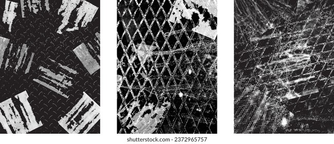 Glitch distorted grungy isolated layers . Design element for brochure, social media, posters, flyers. Overlay texture.Textured banner with Distress effect .Vector halftone dots . Screen print texture