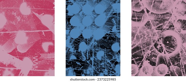 Glitch distorted grungy isolated layers . Design element for brochure, social media, posters, flyers. Overlay texture.Textured banner with Distress effect .Vector halftone dots . Screen print texture