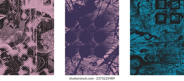Glitch distorted grungy isolated layers . Design element for brochure, social media, posters, flyers. Overlay texture.Textured banner with Distress effect .Vector halftone dots . Screen print texture