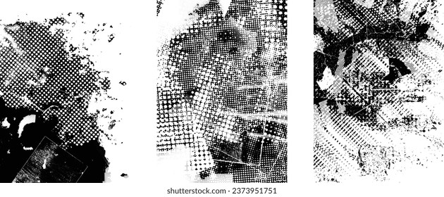 Glitch distorted grungy isolated layers . Design element for brochure, social media, posters, flyers. Overlay texture.Textured banner with Distress effect .Vector halftone dots . Screen print texture