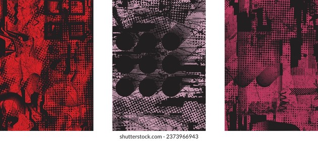 Glitch distorted grungy isolated layers . Design element for brochure, social media, posters, flyers. Overlay texture.Textured banner with Distress effect .Vector halftone dots . Screen print texture