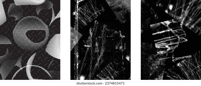 Glitch distorted grungy isolated layers . Design element for brochure, social media, posters, flyers. Overlay texture.Textured banner with Distress effect .Vector halftone dots . Screen print texture