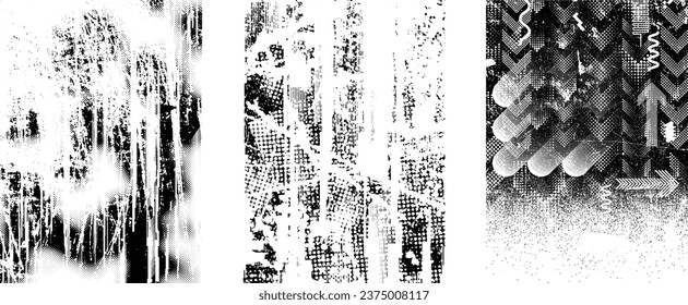 Glitch distorted grungy isolated layers . Design element for brochure, social media, posters, flyers. Overlay texture.Textured banner with Distress effect .Vector halftone dots . Screen print texture