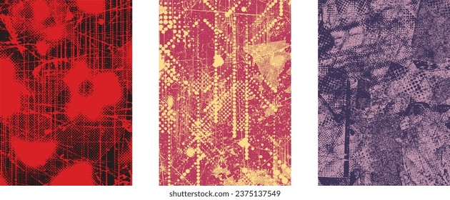Glitch distorted grungy isolated layers . Design element for brochure, social media, posters, flyers. Overlay texture.Textured banner with Distress effect .Vector halftone dots . Screen print texture