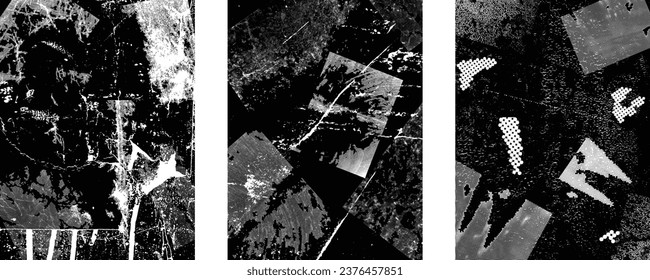 Glitch distorted grungy isolated layers . Design element for brochure, social media, posters, flyers. Overlay texture.Textured banner with Distress effect .Vector halftone dots . Screen print texture