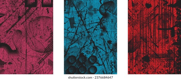 Glitch distorted grungy isolated layers . Design element for brochure, social media, posters, flyers. Overlay texture.Textured banner with Distress effect .Vector halftone dots . Screen print texture