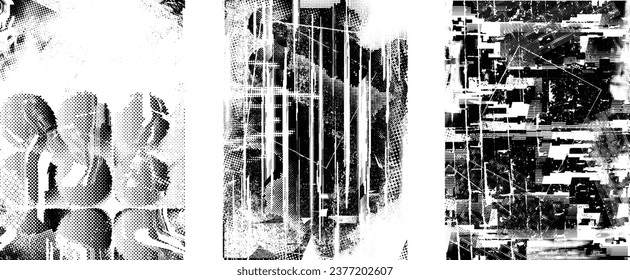 Glitch distorted grungy isolated layers . Design element for brochure, social media, posters, flyers. Overlay texture.Textured banner with Distress effect .Vector halftone dots . Screen print texture