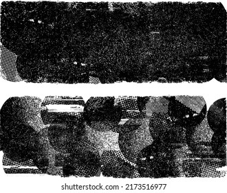 Glitch distorted grungy shape . Noised grange texture. Textured and glitched shapes .Grunge texture. Screen print and noise effect .Vector overlay background with a halftone dots screen print texture.