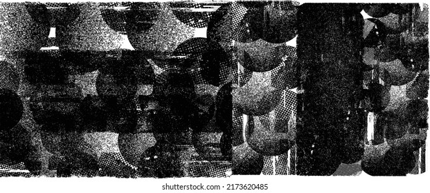 Glitch distorted grungy shape . Noised grange texture. Textured and glitched shapes .Grunge texture. Screen print and noise effect .Vector overlay background with a halftone dots screen print texture.