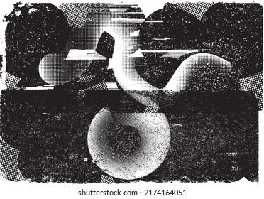 Glitch distorted grungy shape . Noised grange texture. Textured and glitched shapes .Grunge texture. Screen print and noise effect .Vector overlay background with a halftone dots screen print texture.