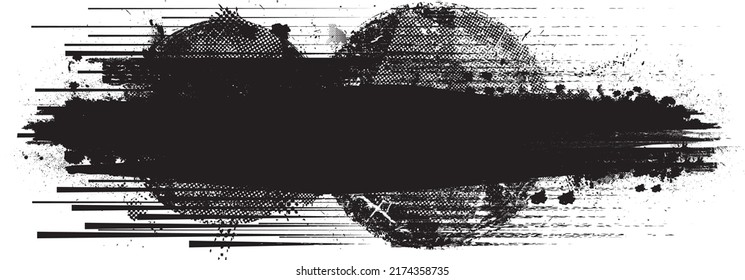 Glitch distorted grungy shape . Noised grange texture. Textured and glitched shapes .Grunge texture. Screen print and noise effect .Vector overlay background with a halftone dots screen print texture.