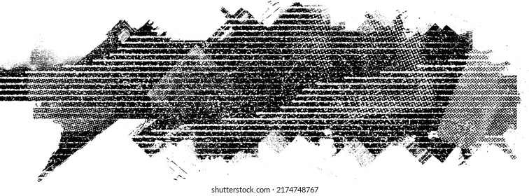 Glitch distorted grungy shape . Noised grange texture. Textured and glitched shapes .Grunge texture. Screen print and noise effect .Vector overlay background with a halftone dots screen print texture.