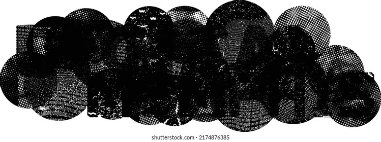 Glitch distorted grungy shape . Noised grange texture. Textured and glitched shapes .Grunge texture. Screen print and noise effect .Vector overlay background with a halftone dots screen print texture.