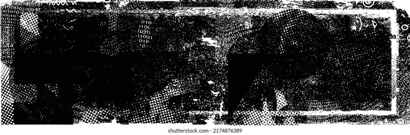 Glitch distorted grungy shape . Noised grange texture. Textured and glitched shapes .Grunge texture. Screen print and noise effect .Vector overlay background with a halftone dots screen print texture.