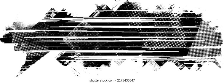 Glitch distorted grungy shape . Noised grange texture. Textured and glitched shapes .Grunge texture. Screen print and noise effect .Vector overlay background with a halftone dots screen print texture.