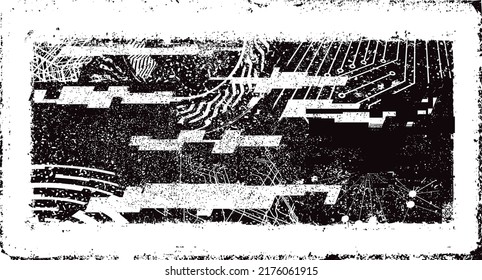 Glitch distorted grungy shape . Noised grange texture. Textured and glitched shapes .Grunge texture. Screen print and noise effect .Vector overlay background with a halftone dots screen print texture.