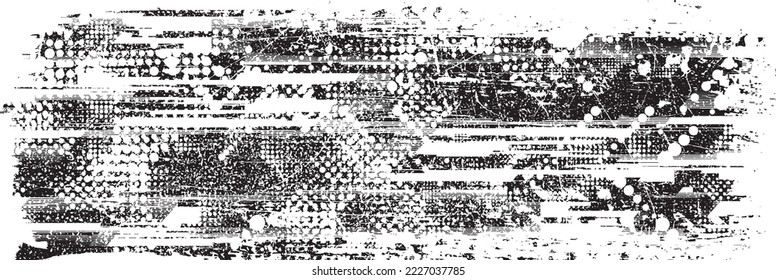 Glitch distorted grungy shape . Noised grange texture. Textured and glitched shapes .Grunge texture. Screen print and noise effect .Vector overlay background with a halftone dots screen print texture.