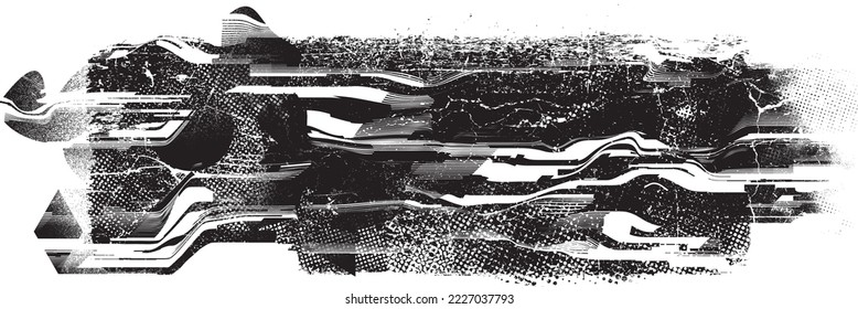 Glitch distorted grungy shape . Noised grange texture. Textured and glitched shapes .Grunge texture. Screen print and noise effect .Vector overlay background with a halftone dots screen print texture.