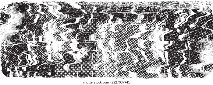 Glitch distorted grungy shape . Noised grange texture. Textured and glitched shapes .Grunge texture. Screen print and noise effect .Vector overlay background with a halftone dots screen print texture.