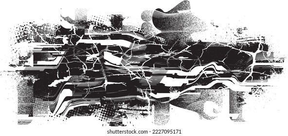 Glitch distorted grungy shape . Noised grange texture. Textured and glitched shapes .Grunge texture. Screen print and noise effect .Vector overlay background with a halftone dots screen print texture.