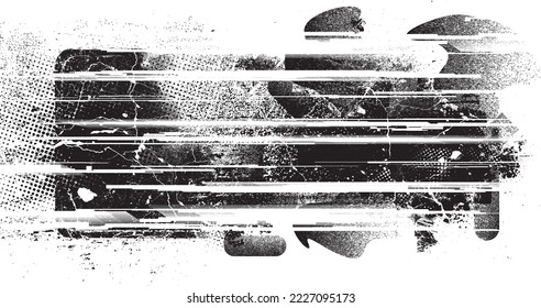 Glitch distorted grungy shape . Noised grange texture. Textured and glitched shapes .Grunge texture. Screen print and noise effect .Vector overlay background with a halftone dots screen print texture.