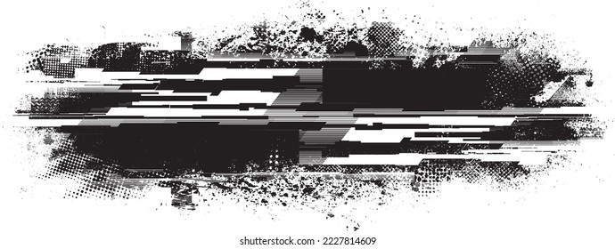 Glitch distorted grungy shape . Noised grange texture. Textured and glitched shapes .Grunge texture. Screen print and noise effect .Vector overlay background with a halftone dots screen print texture.