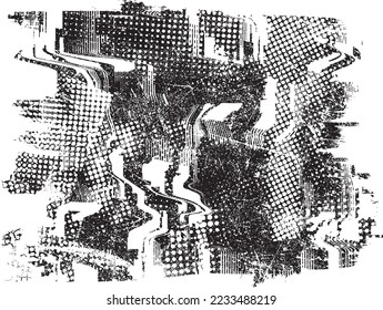 Forma de grifo distorsionada. Textura de grano canalizado. Formas texturizadas y rayadas. Textura de grunge. Impresión de pantalla y efecto de ruido .Fondo de superposición vectorial con una textura de impresión de pantalla de puntos de medio tono.