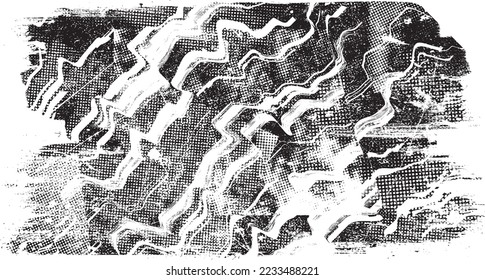 Glitch distorted grungy shape . Noised grange texture. Textured and glitched shapes .Grunge texture. Screen print and noise effect .Vector overlay background with a halftone dots screen print texture.