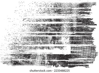 Glitch distorted grungy shape . Noised grange texture. Textured and glitched shapes .Grunge texture. Screen print and noise effect .Vector overlay background with a halftone dots screen print texture.