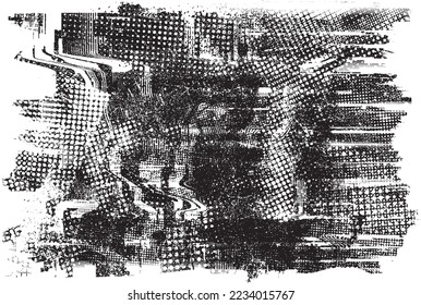 Glitch distorted grungy shape . Noised grange texture. Textured and glitched shapes .Grunge texture. Screen print and noise effect .Vector overlay background with a halftone dots screen print texture.