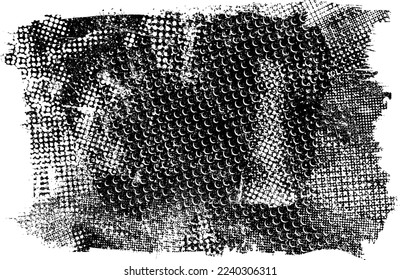 Glitch distorted grungy shape . Noised grange texture. Textured and glitched shapes .Grunge texture. Screen print and noise effect .Vector overlay background with a halftone dots screen print texture.