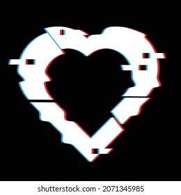 Glitch distorted heart shape . Minimal art design . Noise destroyed heart logo . Trendy defect error shapes . Glitched frame .Broken effect .vector 