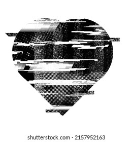 La forma del corazón distorsionada del brillo. Diseño de arte mínimo. Logo del círculo destruido por el ruido. Formas de error de defecto de moda . Marco brillante. Efecto roto. Textura gruesa. Efecto de distrés .vector 