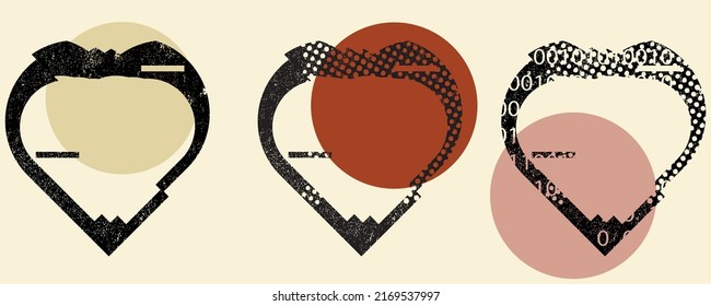 Glitch distorted heart shape . Minimal art design . Noise destroyed circle logo . Trendy defect error shapes . Glitched frame .Broken effect . Grunge texture . Distress effect .vector 