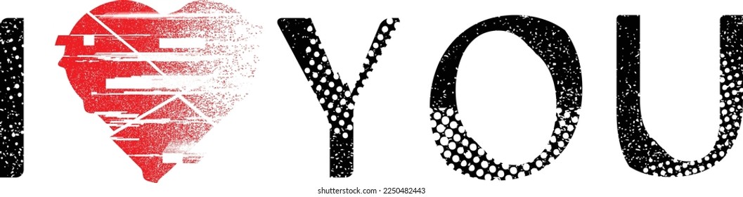 La forma del corazón distorsionada del brillo. Diseño de arte mínimo. Te quiero. El logo del círculo destruido por el ruido. Formas de error de defecto de moda . Efecto roto brillante. Textura gruesa. Efecto de distrés .vector
