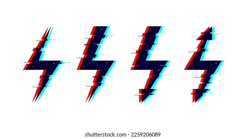 Glitch distorted lightnings set. Thunderbolts with TV or vhs noise. Futuristic destroyed flash design elements collection. Pixilated lightning strike signs. 