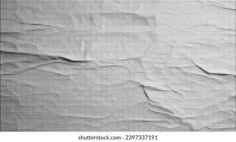 Glitch distorted noise destroyed horizontal banner poster. Trendy defect halftone wave, crumpled paper, steam, smoke effect. Vector black shape overlay.