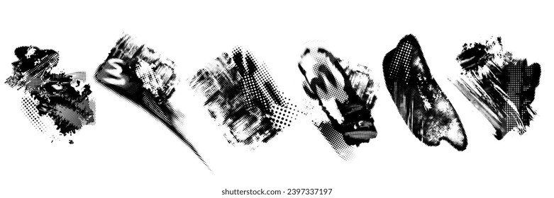 Glitch distorted noise destroyed horizontal cut out shapes set . Trendy defect halftone stamp. Vector black shape overlay.