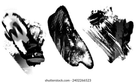 Glitch distorted noise destroyed horizontal cut out shapes set . Trendy defect halftone stamp. Vector black shape overlay.