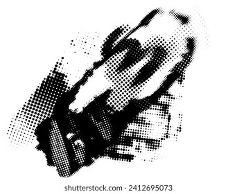 Glitch distorted noise destroyed horizontal cut out shapes . Trendy defect halftone stamp. Vector black shape overlay.
