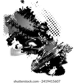 Glitch distorted noise destroyed horizontal cut out shapes . Trendy defect halftone stamp. Vector black shape overlay.
