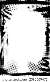 Glitch distorted noise destroyed vertical frame . Trendy defect halftone border. Vector black and white shape overlay banner